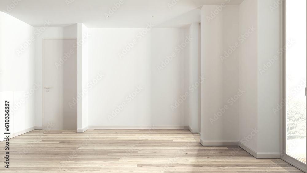 Fototapeta premium Bleached wooden empty room interior design, open space with parquet floor and white walls, modern contemporary architecture concept idea
