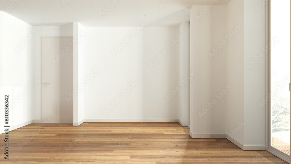 Obraz premium Wooden empty room interior design, open space with parquet floor and white walls, modern contemporary architecture concept idea