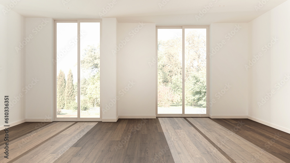 Fototapeta premium Dark wooden empty room interior design, open space with parquet floor, panoramic windows, white walls, modern contemporary architecture concept idea
