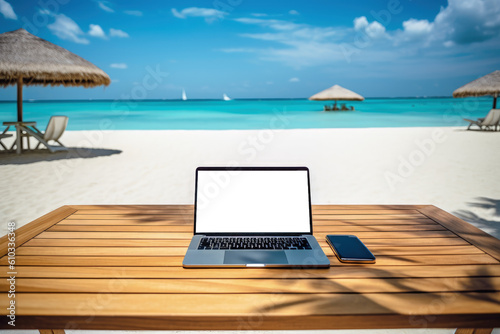 Laptop with transparent screen on top of wooden table on tropical island beach  remote work concept  Generative AI