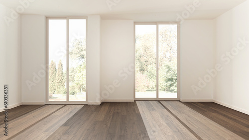 Dark wooden empty room interior design, open space with parquet floor, panoramic windows, white walls, modern contemporary architecture concept idea