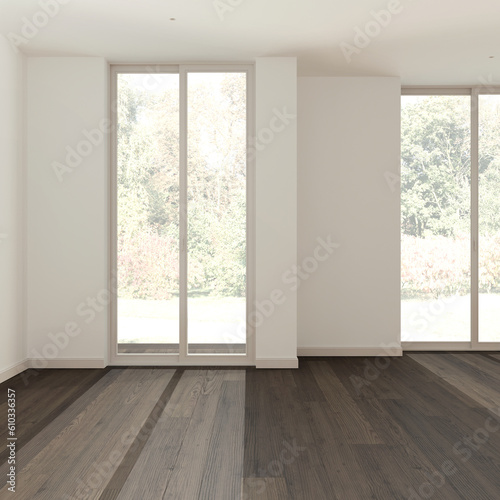 Dark wooden empty room interior design  open space with parquet floor  panoramic windows  white walls  modern contemporary architecture concept idea