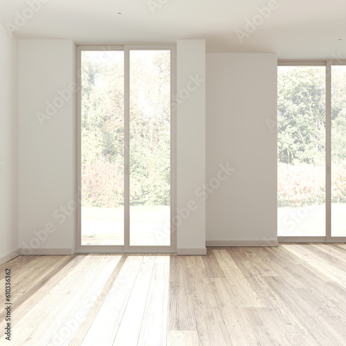 Bleached wooden empty room interior design, open space with parquet floor, panoramic windows, white walls, modern contemporary architecture concept idea © ArchiVIZ