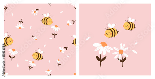 Seamless pattern with daisy flower and bee cartoon on pink background. Bee cartoons and daisy icon sign vector illustration. © Thanawat