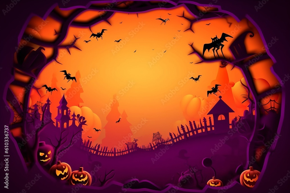 Invitation card for an Halloween party and a background in the style of a paper cut. Halloween Festivals Concepts. Generative Ai. Invitation card for an Halloween party and a background in the style of a paper cut. Halloween Festivals Concepts. Generative Ai.