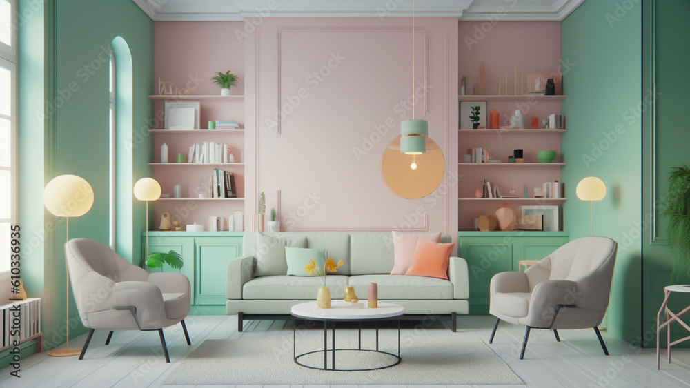Fototapeta premium パステルカラーでまとまったお洒落なリビングルームをインテリアと共に表現, with Generative AI 