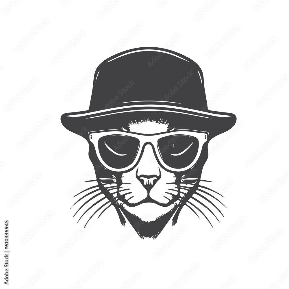 Cool Cat with Glasses and Hat, Stylish Pet, Hipster Animal, Hand Drawn Sketch Imitation Cat Portrait