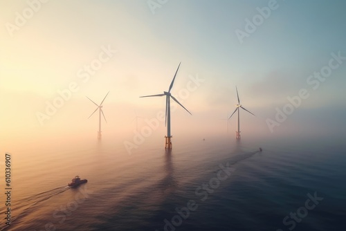 A hyper realistic image of renewable energy windturbines at sea during a misty morning from a drone point of view 