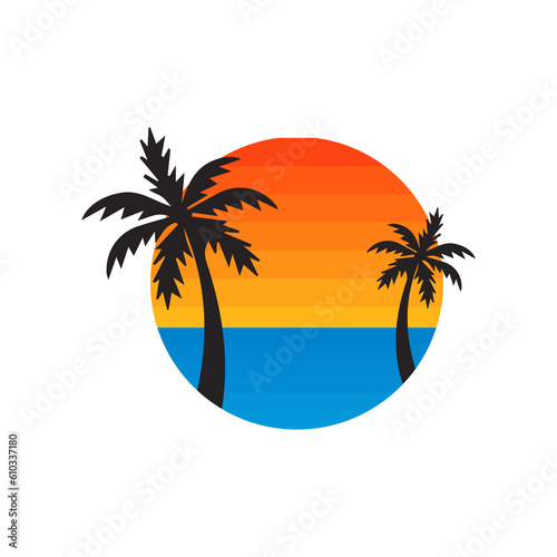 sunsets  beach and palm tree. style 80s  and 90s. Abstract background with a sunny gradient. Silhouettes of palm trees. Vector design template for logo  badges. Isolated white background.