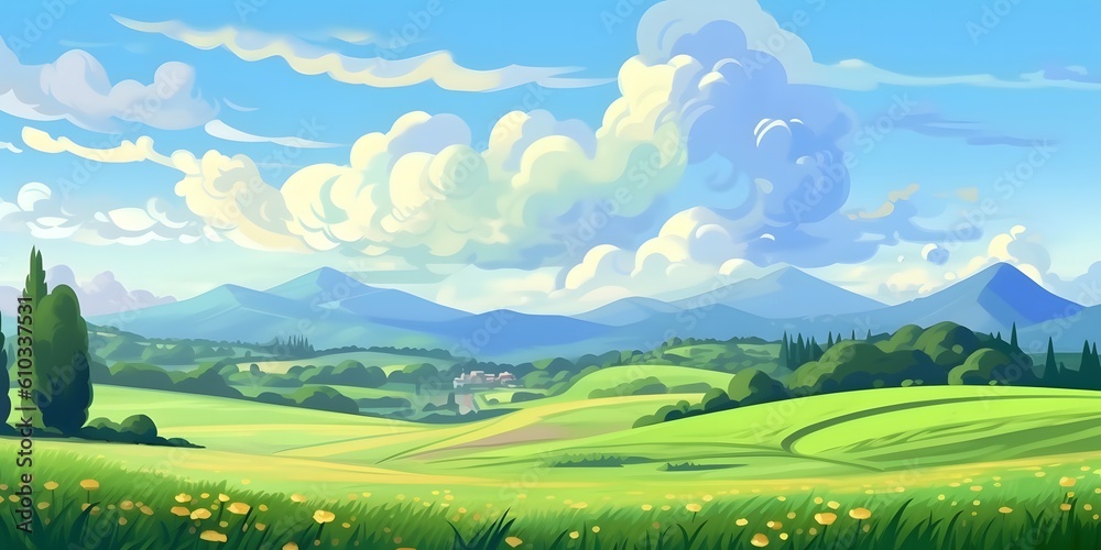 Summer fields, hills landscape, green grass, blue sky with clouds, flat style cartoon painting illustration. Generative AI.