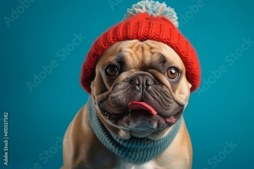 Cute nice serious British French bulldog dog in warm Christmas New Year hat and scarf on color on studio plain blue background © Valeriia