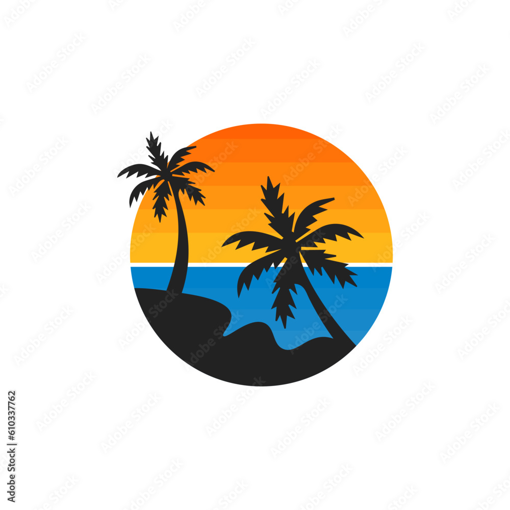 sunsets, beach and palm tree. style 80s, and 90s. Abstract background with a sunny gradient. Silhouettes of palm trees. Vector design template for logo, badges. Isolated white background.