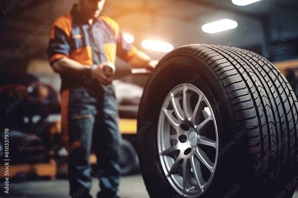 Tire at Vulcanization Repairing Service. Summer of Winter Tire Change Repair Point. Generative
