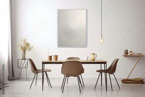 A table in front of a wall with a frame on it. Minimalistic interior design composition. Generative AI © JuanM
