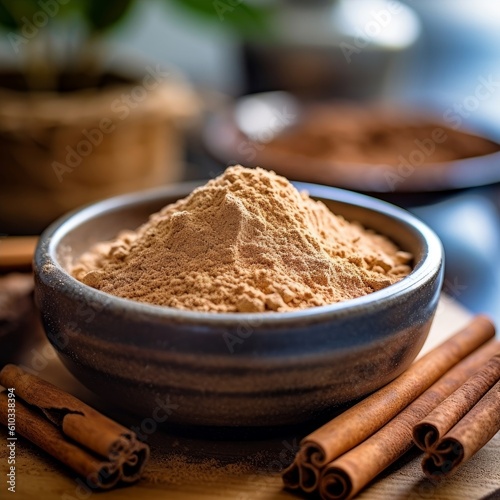 freshly ground cinnamon powder in a small ceramic bowl with cinnamon sticks nearby