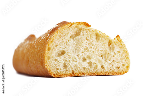 A baguette cut in half, texture view studio shot isolated on white background
