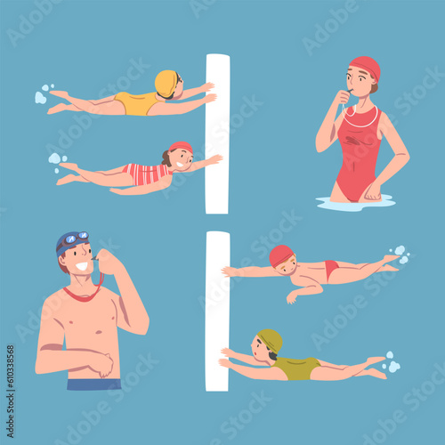 Cute Kids Swimming in Pool at Class with Man and Woman Coach with Whistle Teaching Them Vector Set