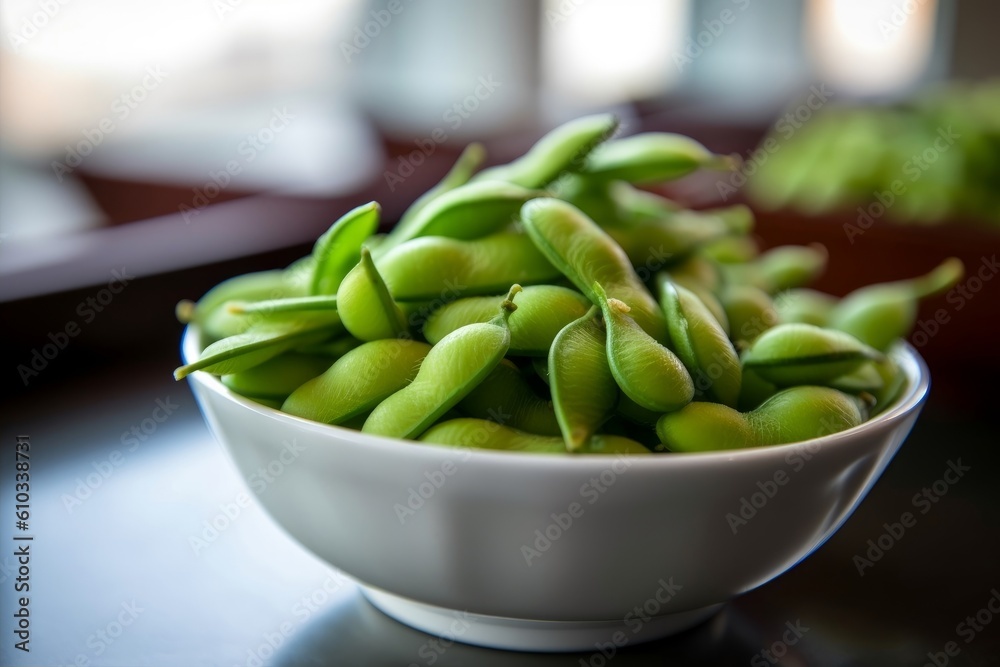 edamame in a white ceramic bowl with chopsticks resting on the side edamame in a white ceramic bowl with chopsticks resting on the side