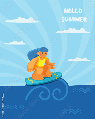 Girl surfing   Hello summer illustration.  Cartoon hand drawn surfer character of standing on board. Vector