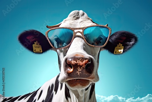 Cute cow wearing sunglasses on the blue background © Photo And Art Panda
