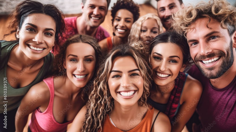 Group of happy people taking a selfie together in a yoga studio. Generative AI Group of happy people taking a selfie together in a yoga studio. Generative AI