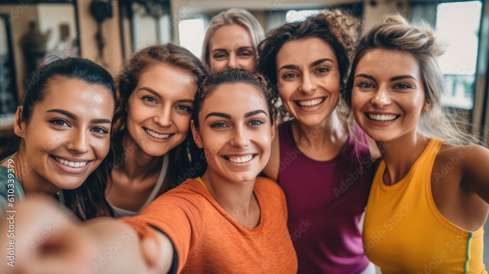 Group of happy people taking a selfie together in a yoga studio. Generative AI