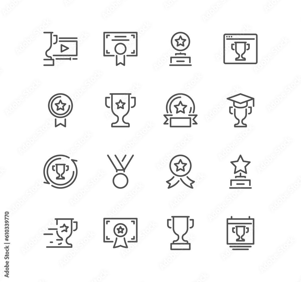 Set of awards related icons, ribbon badge, trophy, winner, medal, certificate, online competition and linear variety vectors. Set of awards related icons, ribbon badge, trophy, winner, medal, certificate, online competition and linear variety vectors.