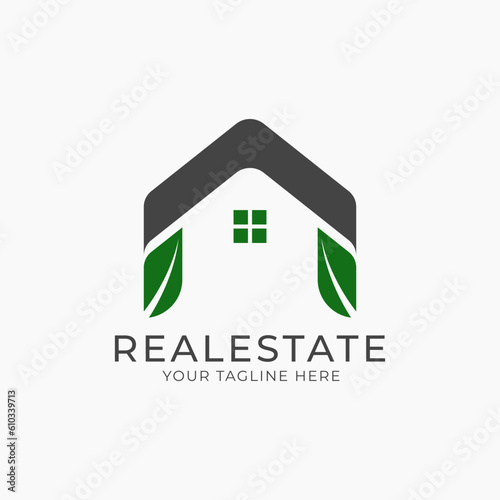 Real estate, hotel, residence logo. House with two green leaf flat logo vector design