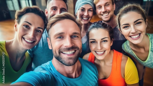 Group of happy people taking a selfie together in a yoga studio. Generative AI