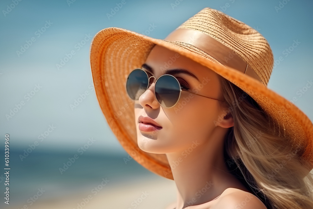 Beautiful young European woman in sunglasses and sun hat on the beach, AI generative content