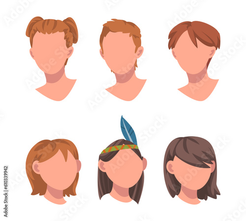 Woman Face with Head and Hairstyle Vector Set