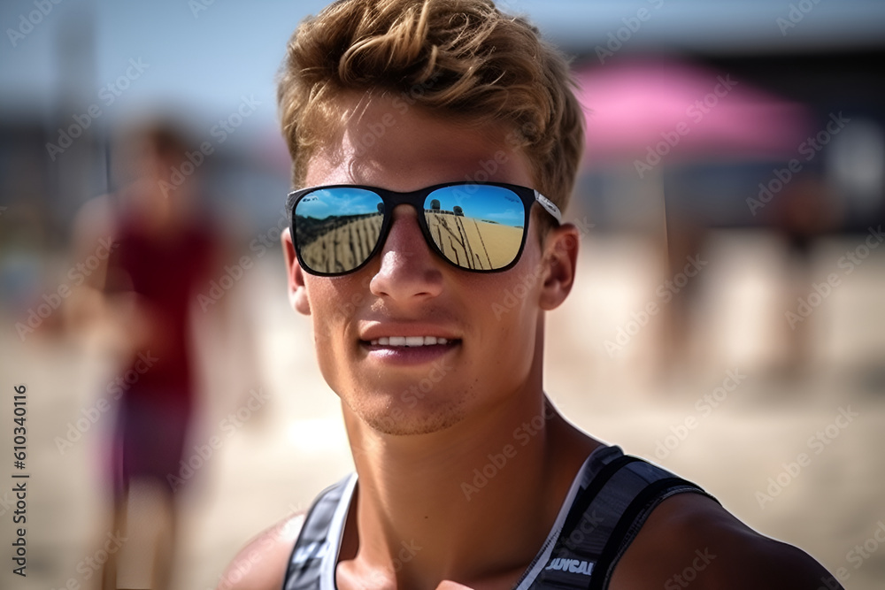 Portrait of a smiling young man in sunglasses standing on a beach volleyball court enjoying sunny vacation day on the beach, generative AI. Portrait of a smiling young man in sunglasses standing on a beach volleyball court enjoying sunny vacation day on the beach, generative AI.