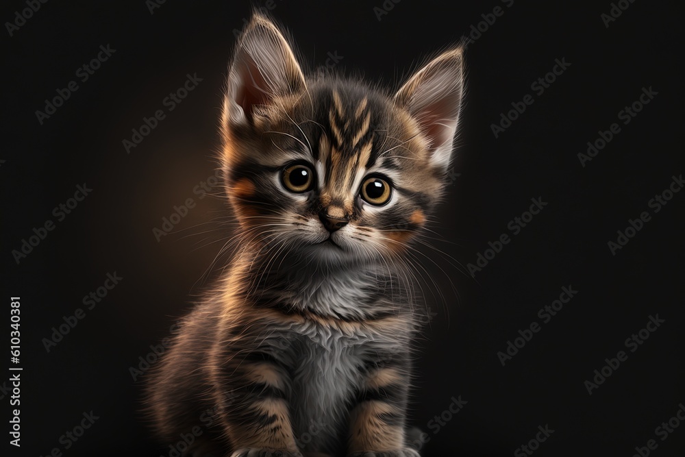 A cute and funny little cat on a black background, generated by AI A cute and funny little cat on a black background, generated by AI