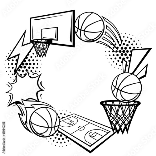 Frame with basketball items. Sport club illustration.