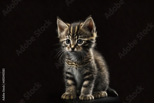 A cute and funny little cat on a black background, generated by AI