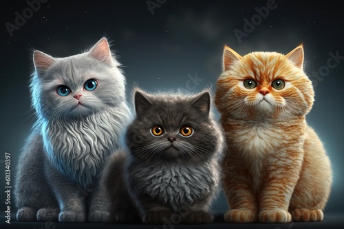 Three cute cats with beautiful eyes and nice colors, generated by AI