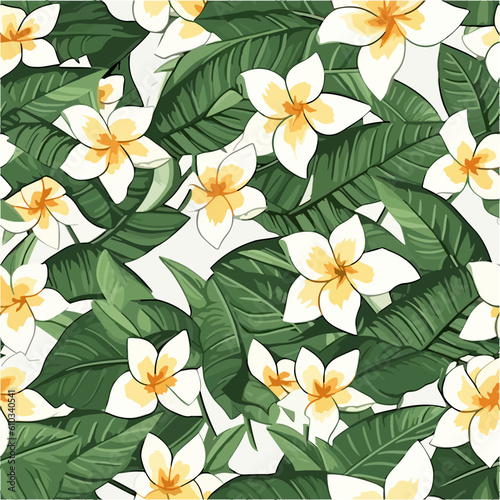 Seamless white floral pattern with green leaves background