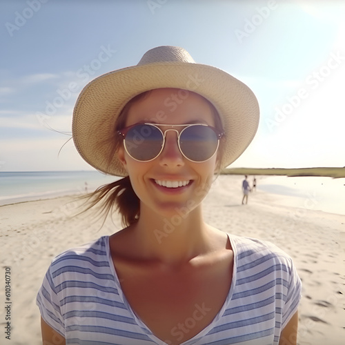 Beautiful young European woman in sunglasses and sun hat on the beach, AI generative content