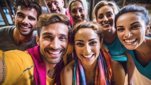 Group of happy people taking a selfie together in a yoga studio. Generative AI