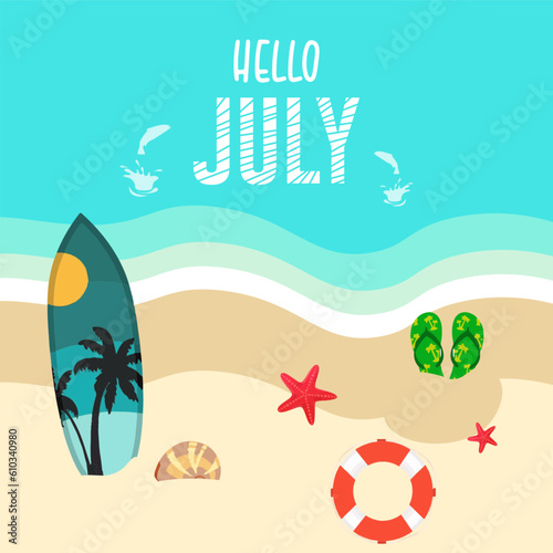 hello july vector illustration. suitable for card, banner, or poster