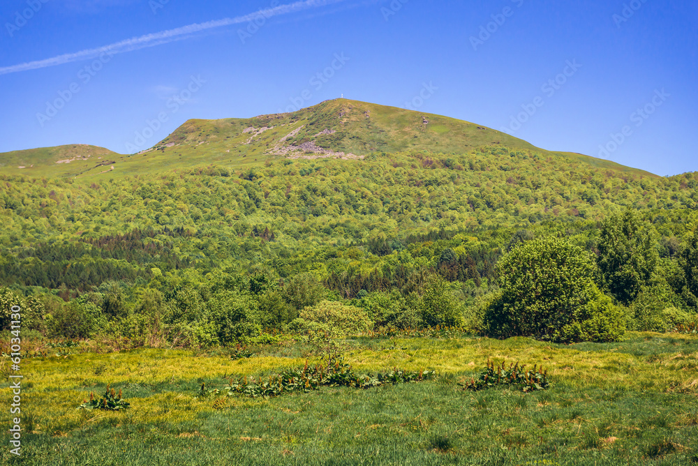 Tarnica peak seen from Wolosate village in Bieszczady Mountains in Poland