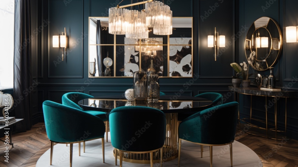 Interior design of Dining Room in Art Deco style with Chandelier, Wall ...