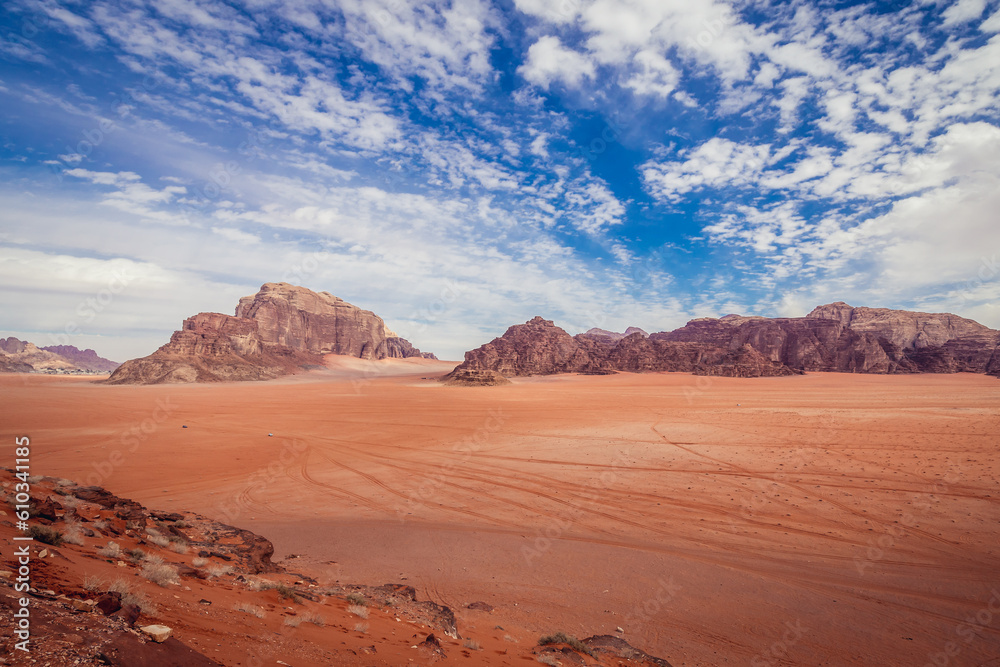 View from Red Sand Dune in Wadi Rum valley, Jordan
