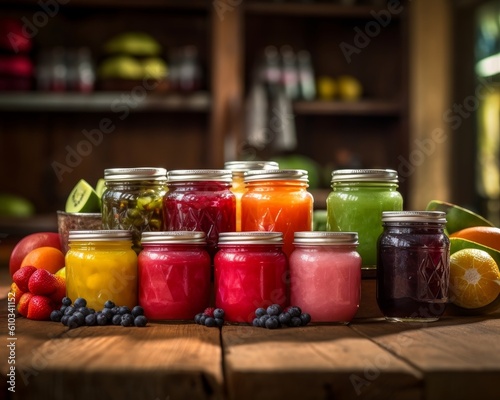 variety of jam jars with different fruit flavors on a wooden table
