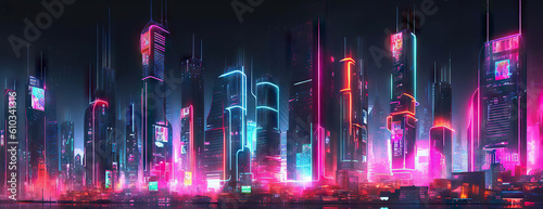 Cyberpunk cityscape. Futuristic night in digital town. Neon lights. Sci Fi city background. Generative AI illustrations photo