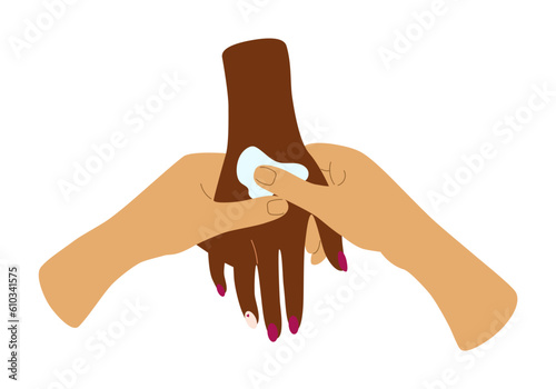 People hands doing massage care close up vector illustration. Palms applying nourishing cream flat style drawing Isolated
