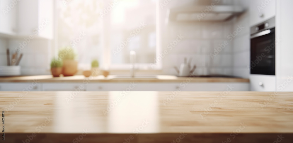 Beautiful empty brown wooden table top and blurred defocused modern interior background with daylight flare and window , product montage display. Gen.ai Beautiful empty brown wooden table top and blurred defocused modern interior background with daylight flare and window , product montage display. Gen.ai