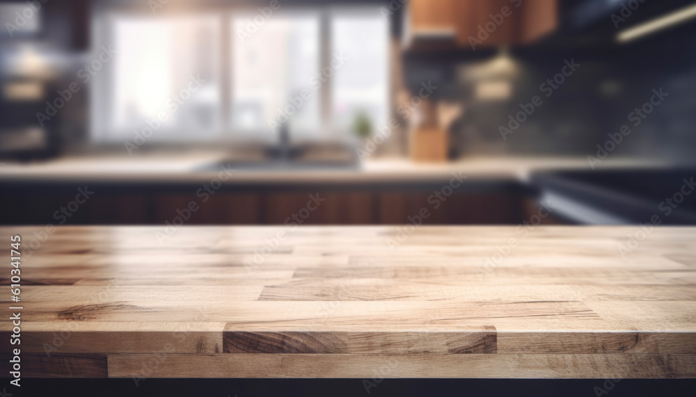 Beautiful empty brown wooden table top and blurred defocused modern kitchen interior background with day light flare, product montage display Beautiful empty brown wooden table top and blurred defocused modern kitchen interior background with day light flare, product montage display