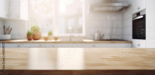 Beautiful empty brown wooden table top and blurred defocused modern interior background with daylight flare and window , product montage display. Gen.ai