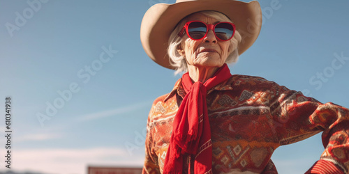 Environmental portrait of elderly woman rancher wearing straw hat and red outfit, close up, Generative AI